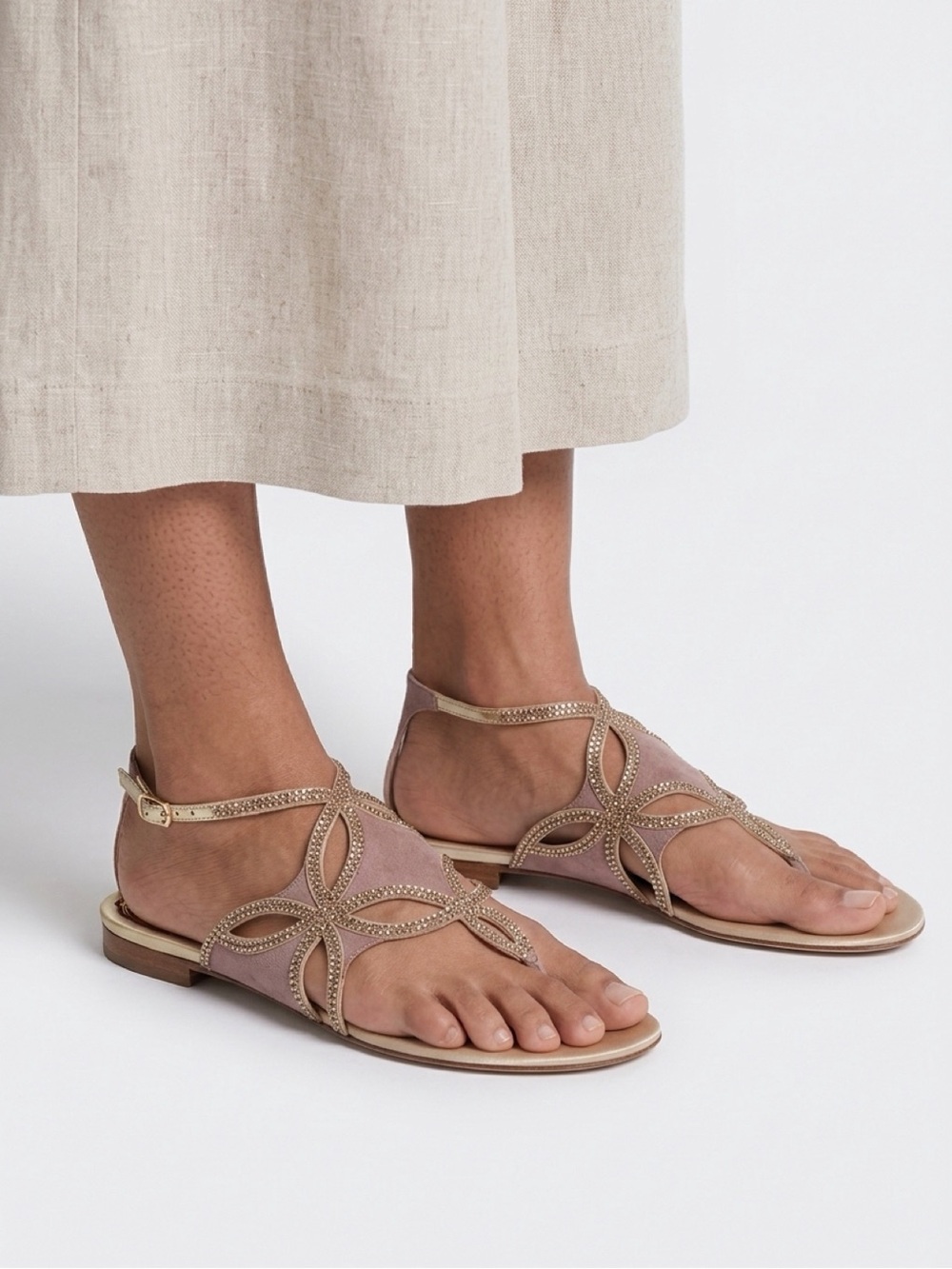 Rene Caovilla Tan Suede Silver Crystal Flat Sandals